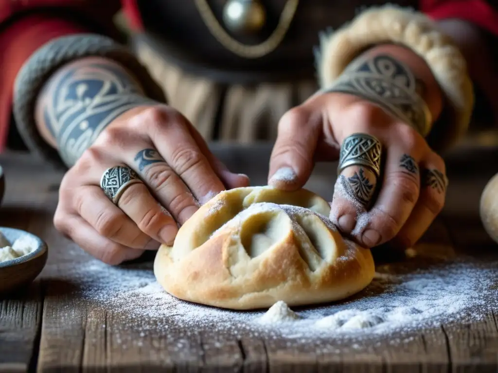 Manos vikingas amasando masa en detalle, con joyas y tatuajes vikingos