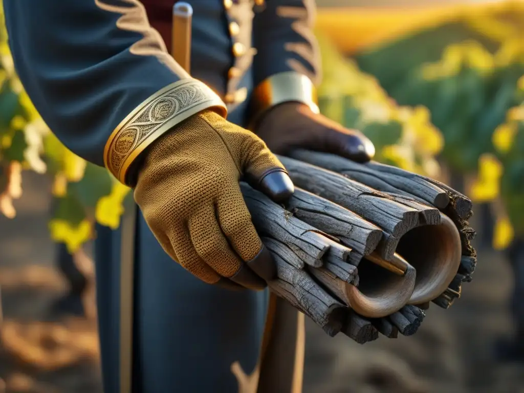 Manos del viticultor sostienen raíz de vid centenaria, evocando tradición vinícola en bodegas históricas