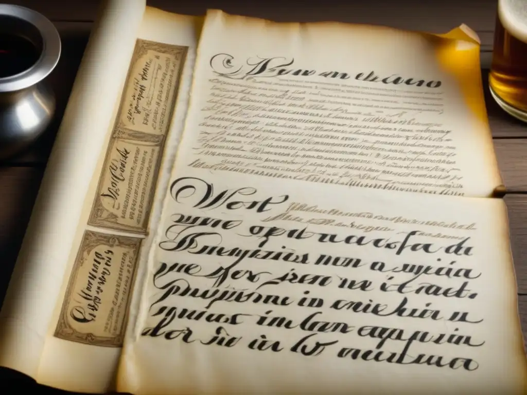 Manuscrito antiguo detallado con recetas de cerveza en español antiguo y elegante, historia cerveza recetas edad moderna