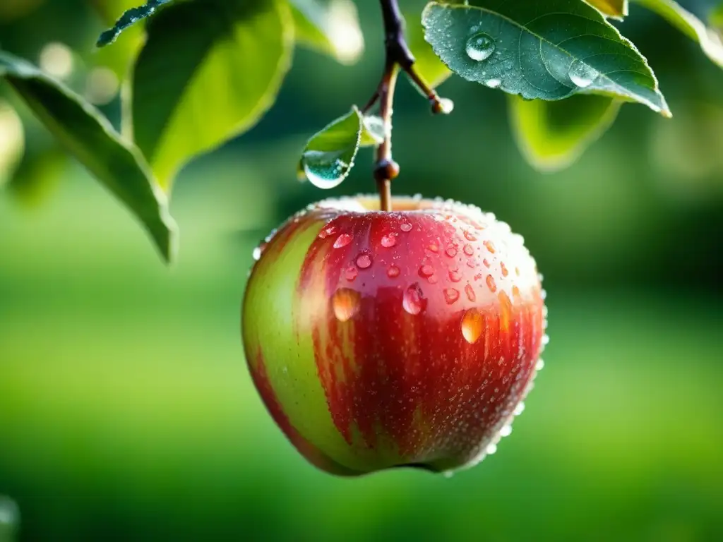 Manzana orgánica madura en rama con rocío bajo la luz matutina en huerto