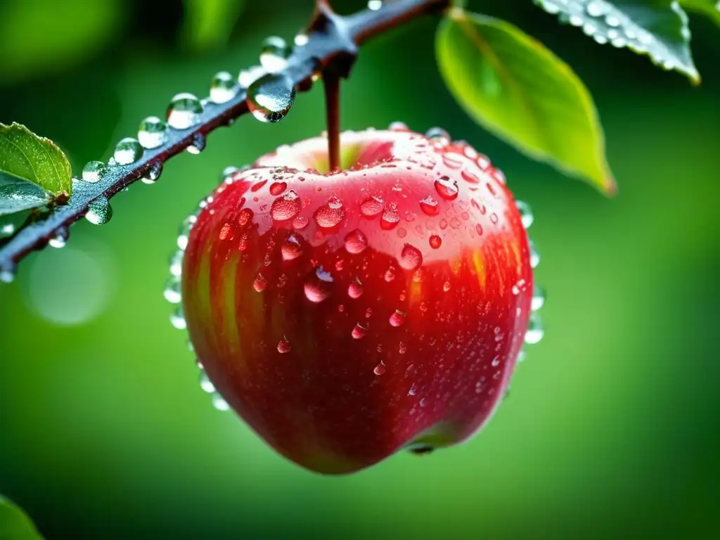 Manzana roja brillante con rocío matutino Una manzana roja vibrante cubierta de rocío matutino cuelga de una rama, iluminada por el suave sol entre las hojas