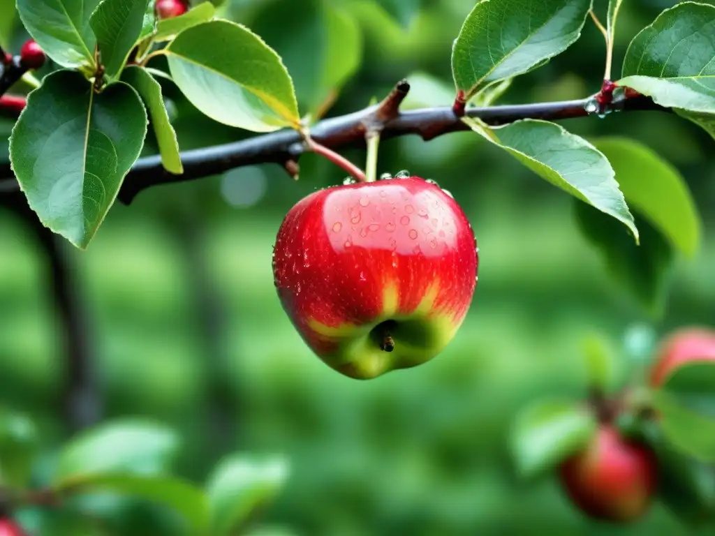 Un manzano con manzanas rojas maduras y jugosas, resaltando la frescura y belleza natural