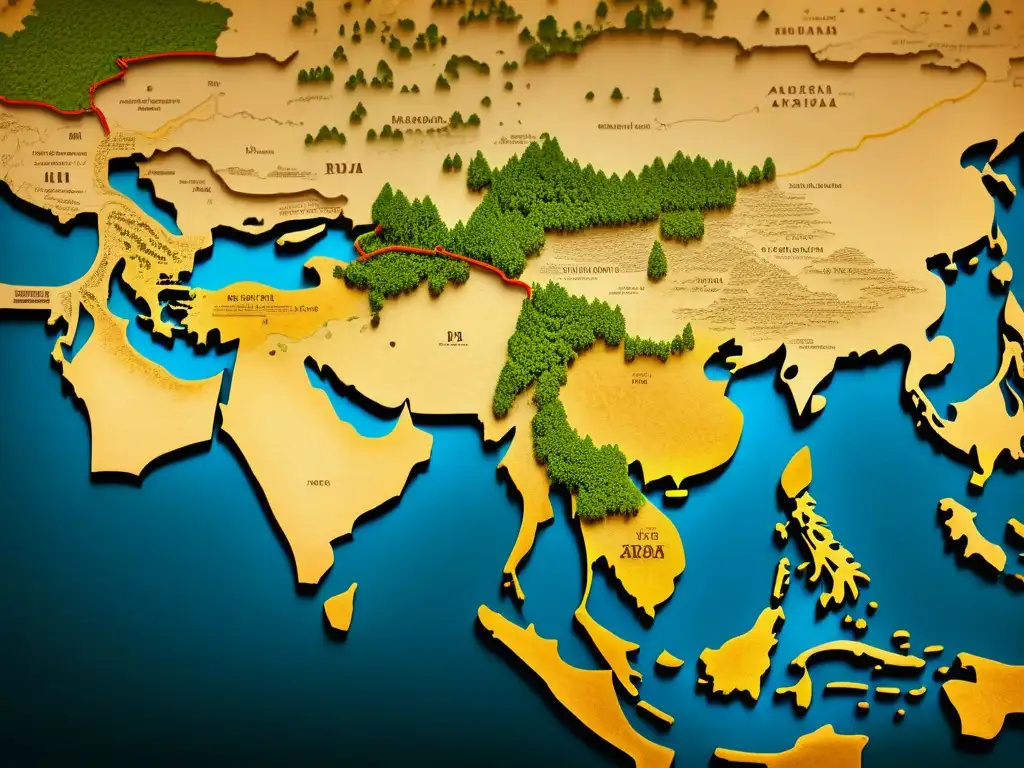 Mapa antiguo detallado mostrando la ruta del jengibre desde Asia a Europa medieval