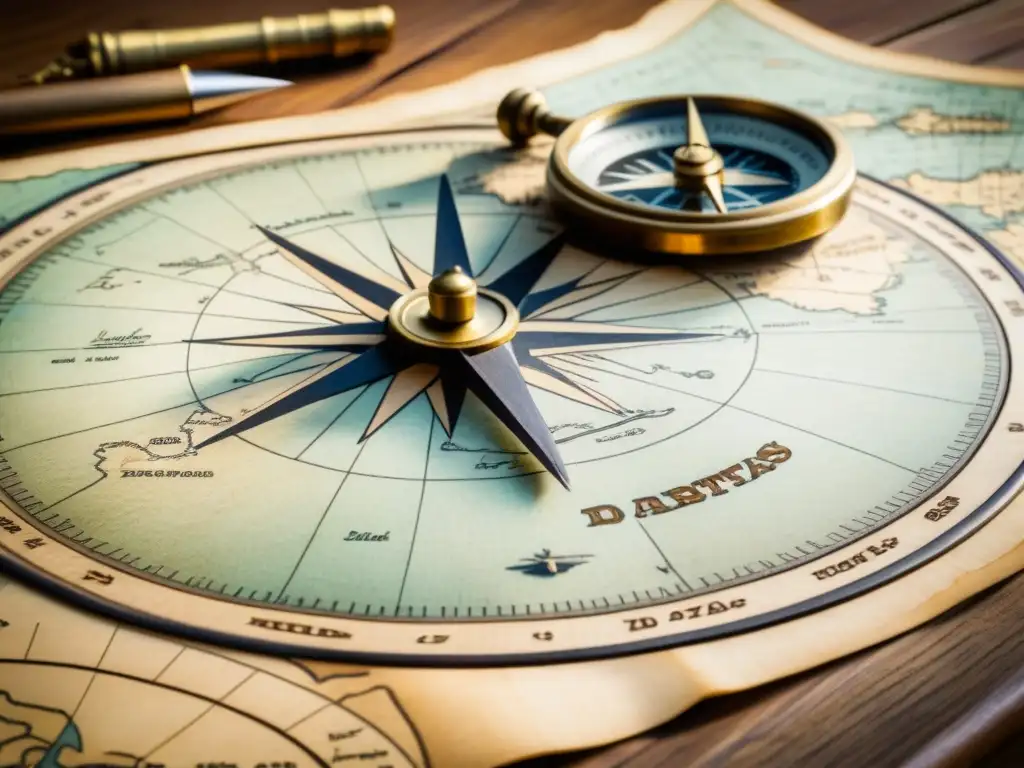Mapa antiguo: destinos exóticos y rutas marítimas Un mapa antiguo dibujado a mano en una mesa de madera, rodeado de herramientas de navegación, evocando expediciones históricas
