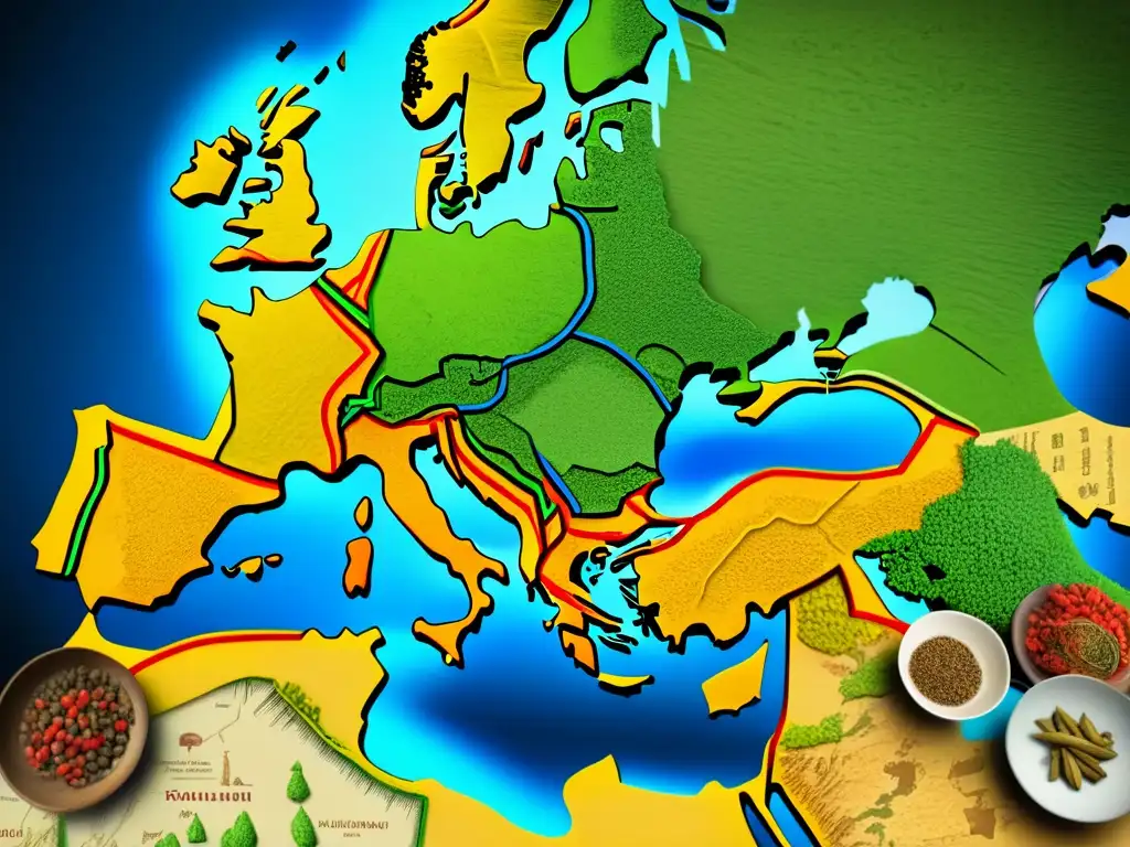 Un mapa detallado y colorido de rutas comerciales en la cocina de la Europa antigua, con intercambio de alimentos y especias entre regiones