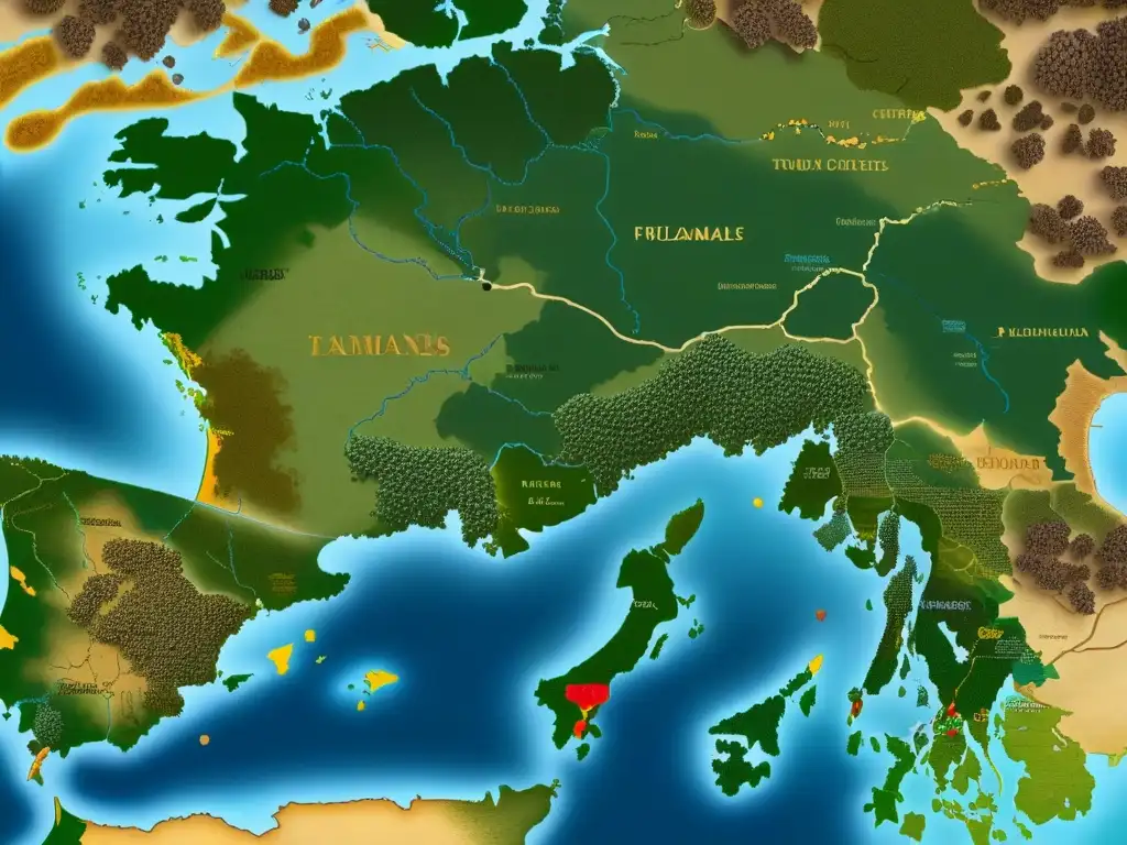 Mapa histórico detallado de rutas comerciales de trufas en distintas civilizaciones, destacando regiones clave