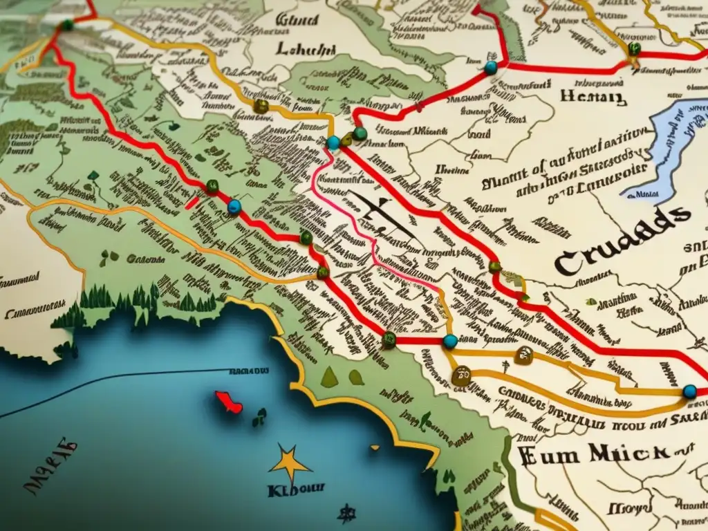Un mapa de la Ruta de la Seda detallado y vibrante que muestra la llegada de alimentos importados a Europa durante las Cruzadas