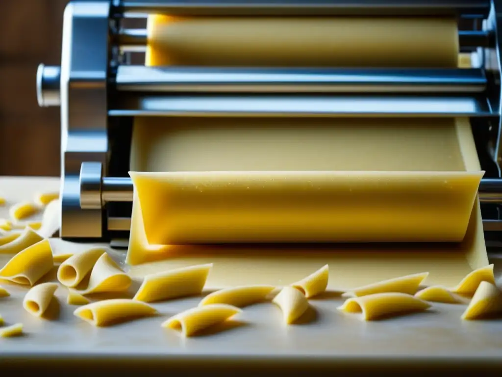 Máquina tradicional de hacer pasta en detalle, mostrando la textura de la masa dorada y el brillo de los engranajes metálicos