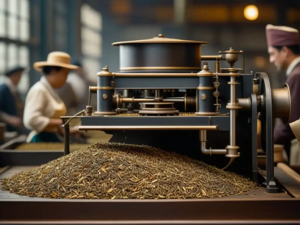 Una máquina vintage de procesamiento de té en la era industrial, con detalles intrincados y restos de hojas de té seco, en una fábrica del siglo XIX