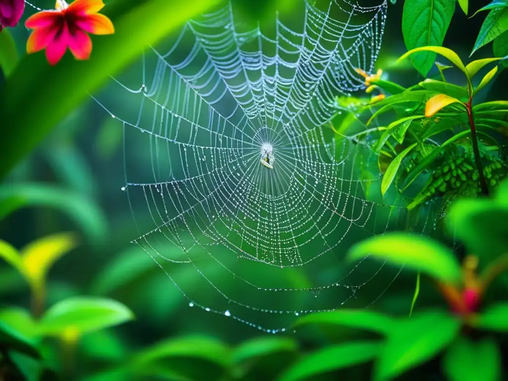 Maravillosa selva amazónica con detalles vibrantes y red de araña, perfecta para platos amazónicos para expediciones