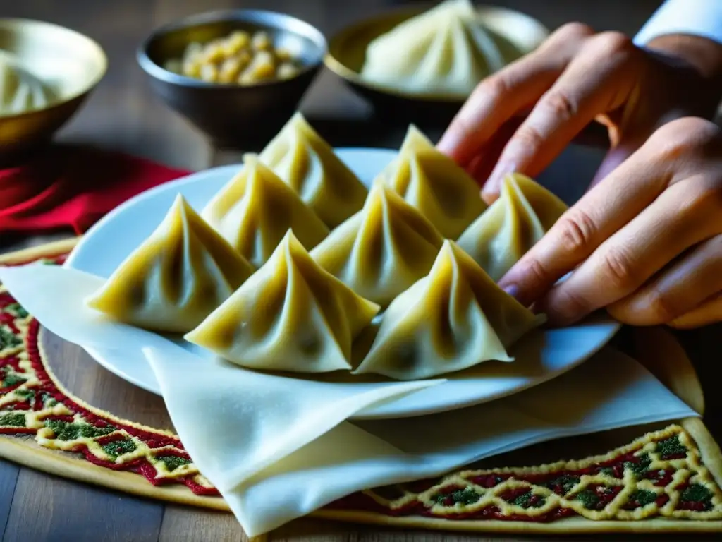 Hábilmente dobladas las masa de Mantı con relleno de carne, destacando la artesanía del plato otomano