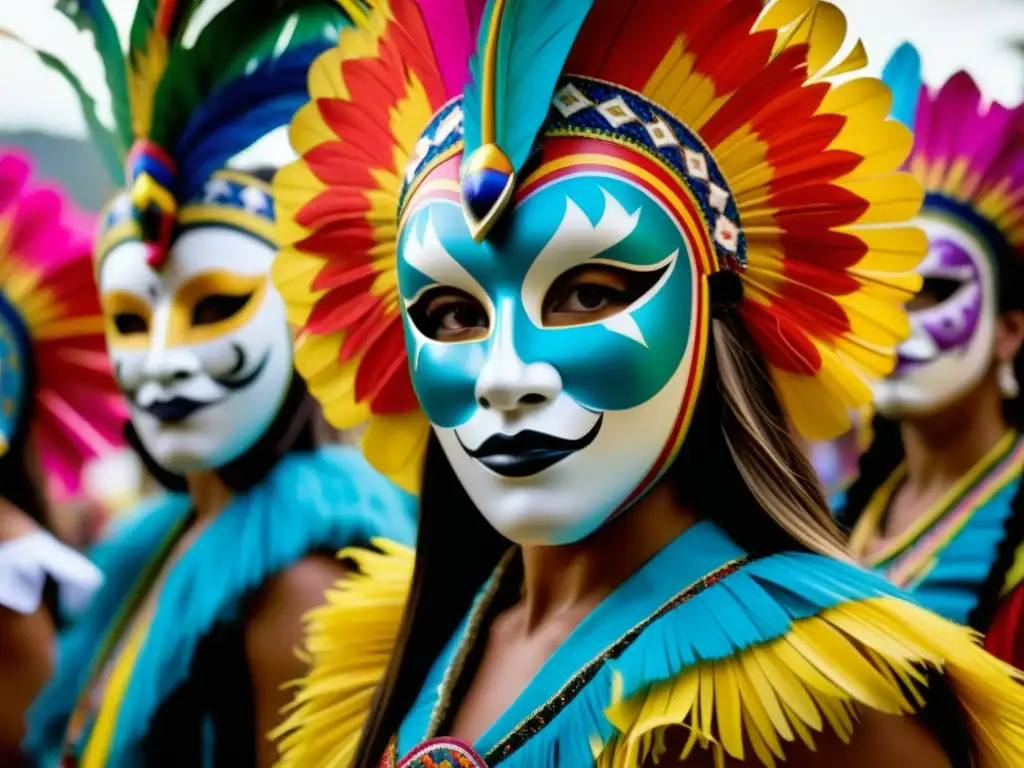 Máscaras tradicionales europeas y celebración sudamericana fusionadas en vibrante carnaval