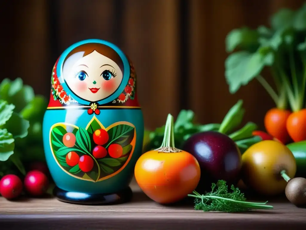 Una matrioska rusa rodeada de verduras en una cocina soviética, evocando nostalgia y tradición