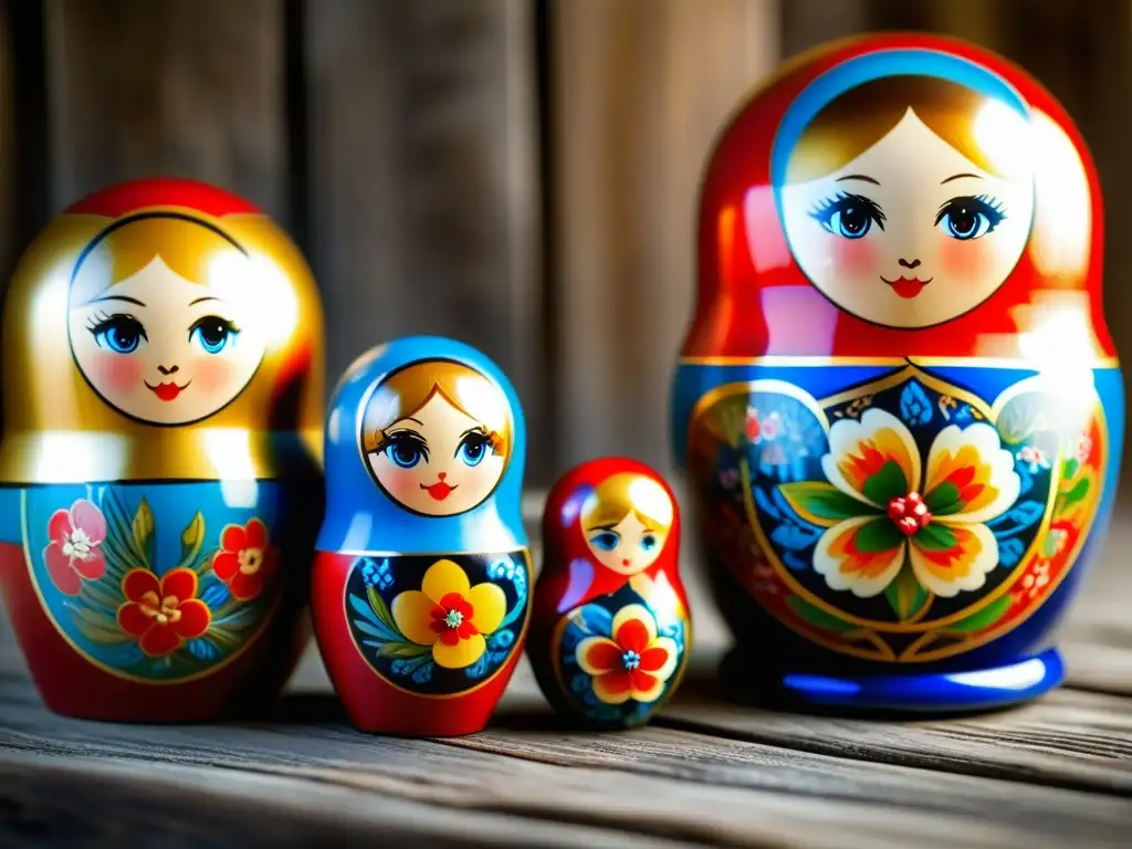 Una matryoshka rusa en una mesa de madera, detallada y pintada a mano con colores vibrantes