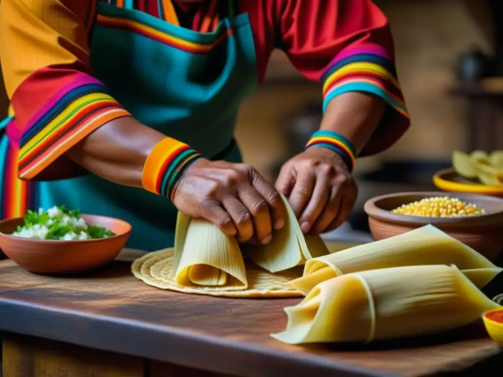 Celebración Maya: Detalle de manos preparando tamales de maíz, mostrando destreza y coloridas pulseras tejidas