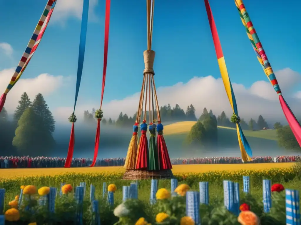 Un maypole sueco tradicional decorado con flores y cintas coloridas destaca bajo un cielo azul