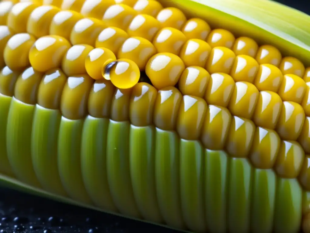 Mazorca de maíz amarillo con gotas de agua, resaltando la importancia de los alimentos nativos americanos colonos