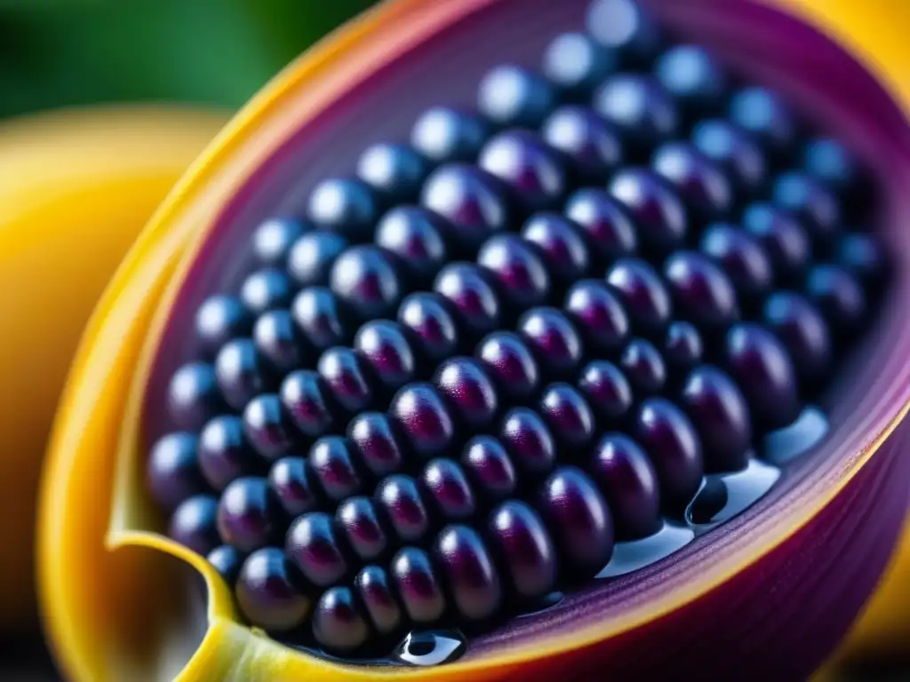 Un mazorca de maíz morado brillante con gotas de agua, resaltando la belleza del maíz latinoamericano