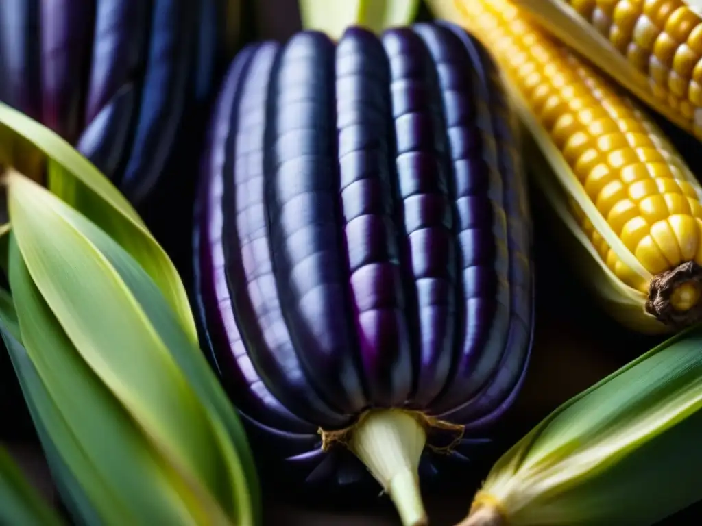 Mazorcas de maíz morado recién cosechadas, con tonos profundos y jugosos granos