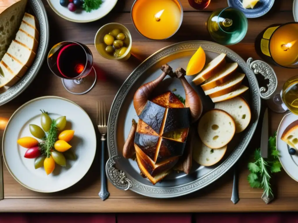 Festín medieval: mesa de madera repleta de manjares, vino y frutas en una detallada representación de la gastronomía europea medieval