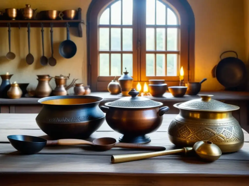 Un rincón medieval con utensilios de cocina vintage sobre una mesa de madera, bañados por la luz del sol