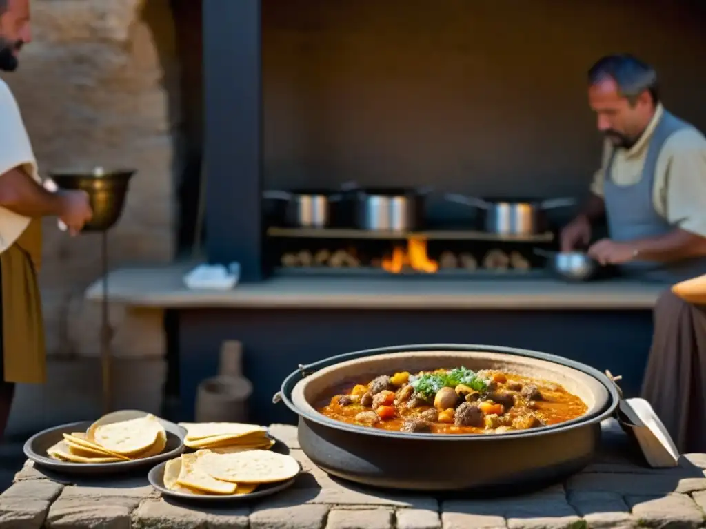 En medio del bullicio de la Roma antigua, un vendedor de comidas rápidas sirve platos humeantes a una diversa clientela