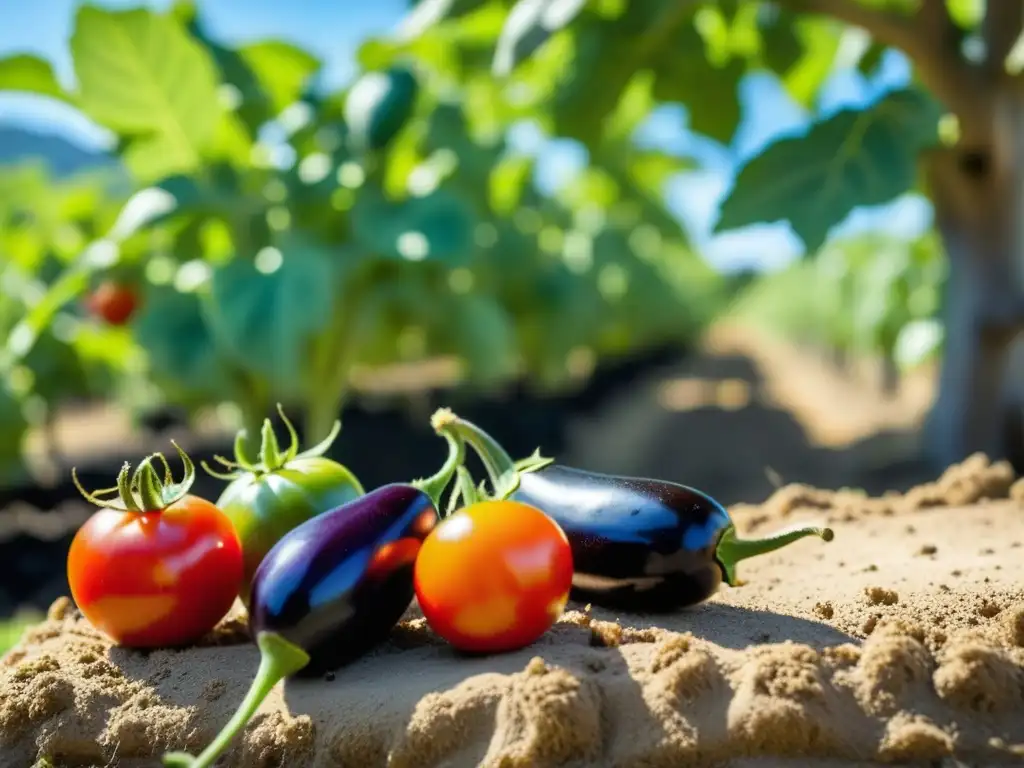 Un jardín mediterráneo rebosante de vida: tomates rojos, berenjenas brillantes y calabacines verdes bajo el cálido sol