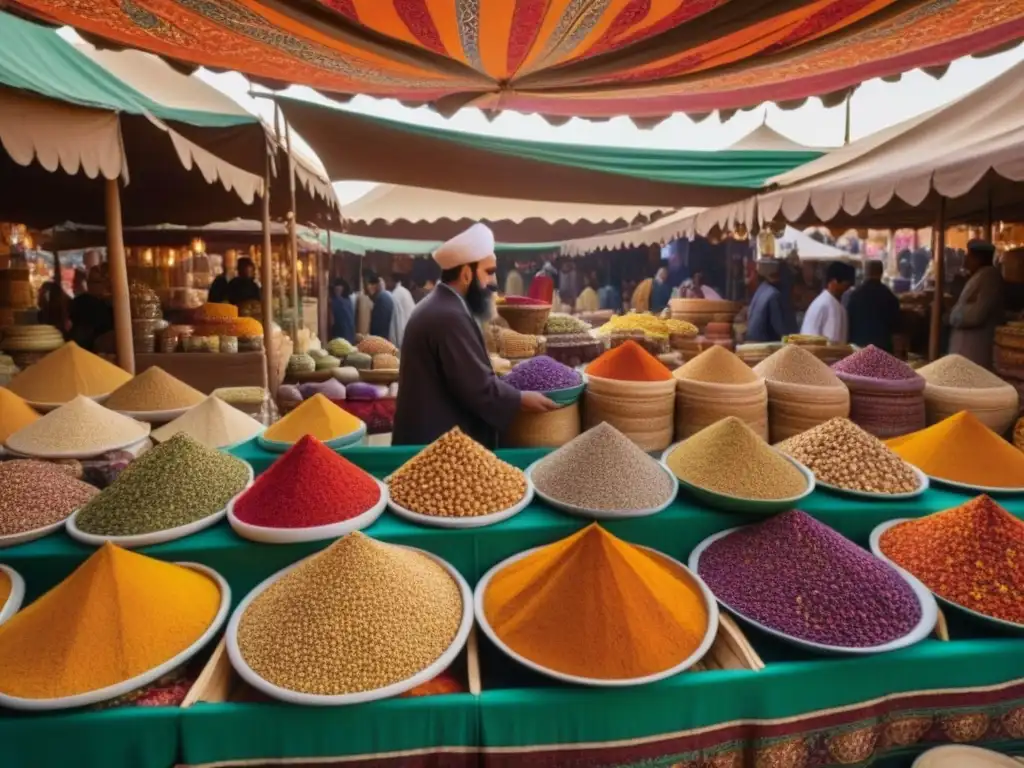 Un mercado abasí rebosante de especias y frutas exóticas, donde se exhiben coloridos recipientes de cerámica con azafrán, comino y cardamomo