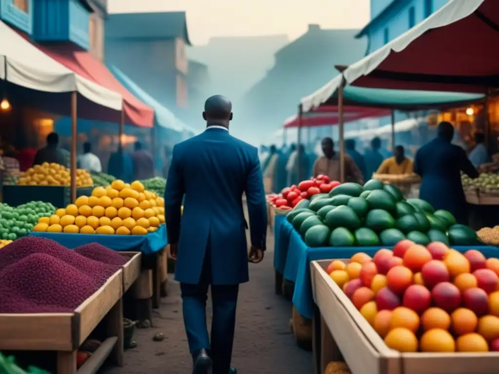 Un mercado africano tradicional rebosante de vida y color, con influencia culinaria portuguesa en África