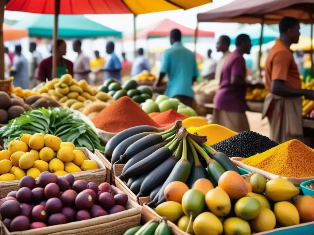 Mercado africano: colores vibrantes y sabores únicos Un mercado africano tradicional rebosante de vida y color, donde un vendedor exhibe frutas y verduras exóticas