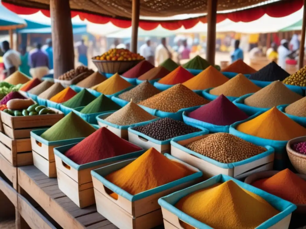 Mercado africano: colores y sabores de tradición Un mercado africano vibrante con especias, granos y vegetales en cestas y cajones de madera, destacando los detalles de la cocina africana
