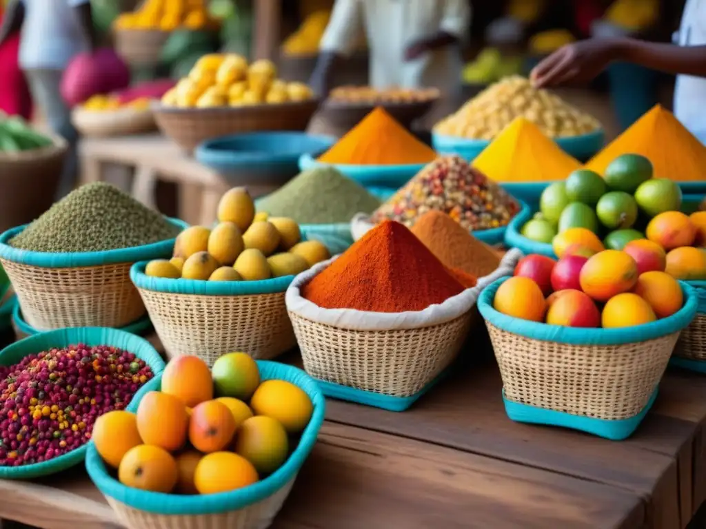 Un mercado africano vibrante muestra una variedad de especias, frutas y verduras en cestas de mimbre