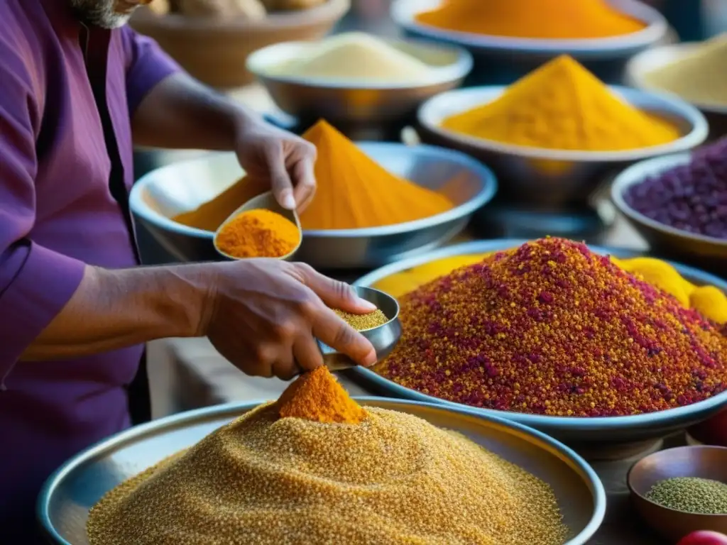 Un mercado antiguo rebosante de colores y sabores, donde vendedores preparan recetas centenarias con ingredientes vibrantes