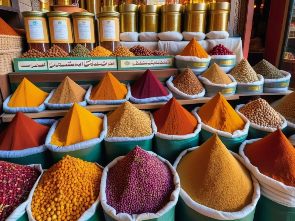 Mercado árabe lleno de especias: colores, aromas y tradición Un mercado árabe bullicioso con especias coloridas y vendedores expertos