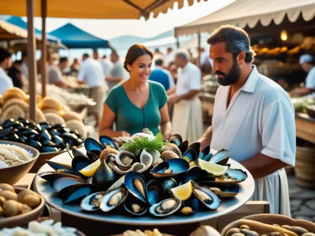 Un mercado bullicioso en la antigua Grecia con mariscos de lujo exhibidos por vendedores, clientes admirando los productos con asombro