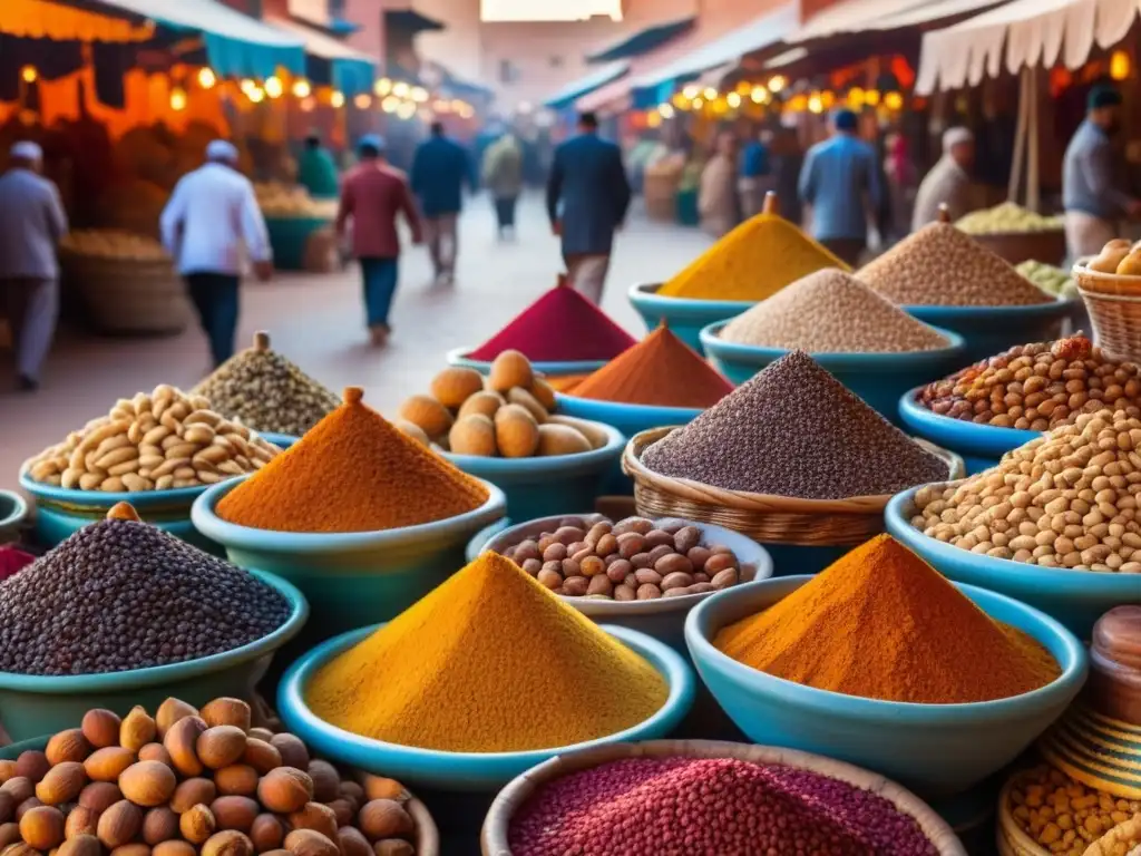 Un mercado bullicioso en Marrakech, Marruecos, con colores vibrantes y texturas de especias, frutas secas y frutos secos