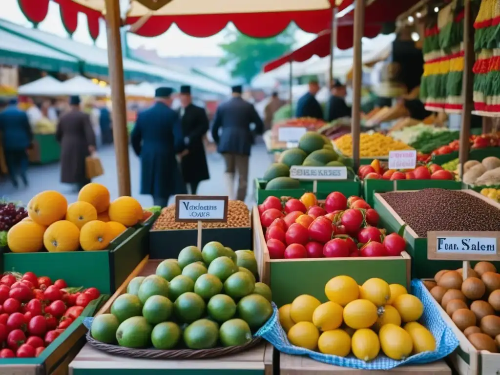 Un mercado bullicioso del Imperio Austrohúngaro con vibrantes puestos de frutas, verduras y especias, destacando la gastronomía de la época