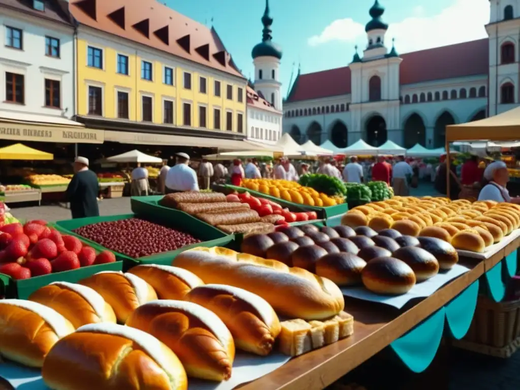 Mercado bullicioso del Imperio Austrohúngaro con gastronomía auténtica y colorida