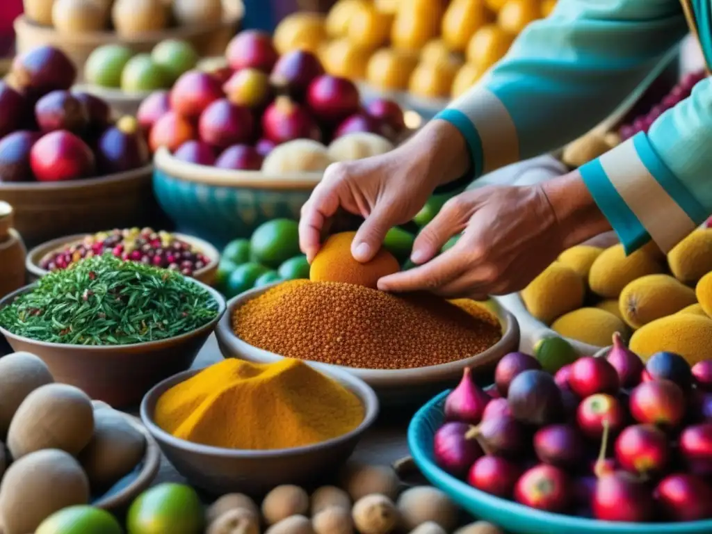 Un mercado bullicioso a lo largo de la Ruta de la Seda, destacando la fusión de sabores en la Dieta Mediterránea