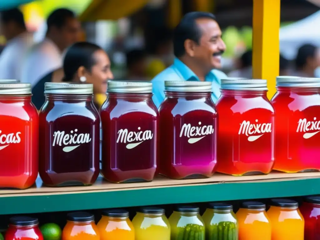 Un mercado bullicioso con una variedad de aguas frescas mexicanas en tarros de vidrio