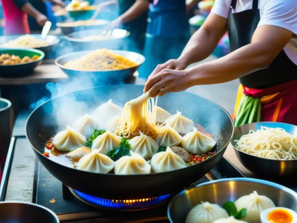 Un mercado callejero bullicioso en el Sudeste Asiático con influencia de la cocina China, chefs locales preparando platos coloridos y deliciosos