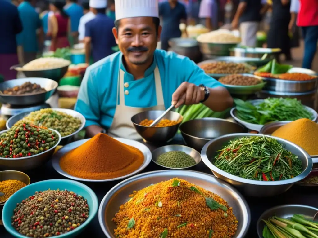 Un mercado callejero bullicioso y vibrante en el sudeste asiático, con especias coloridas y un chef experto cocinando