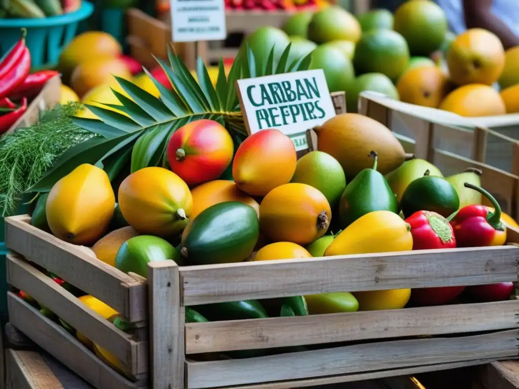 Un mercado caribeño rebosante de frutas tropicales y especias, reflejando la cultura culinaria caribeña con diversidad y vitalidad