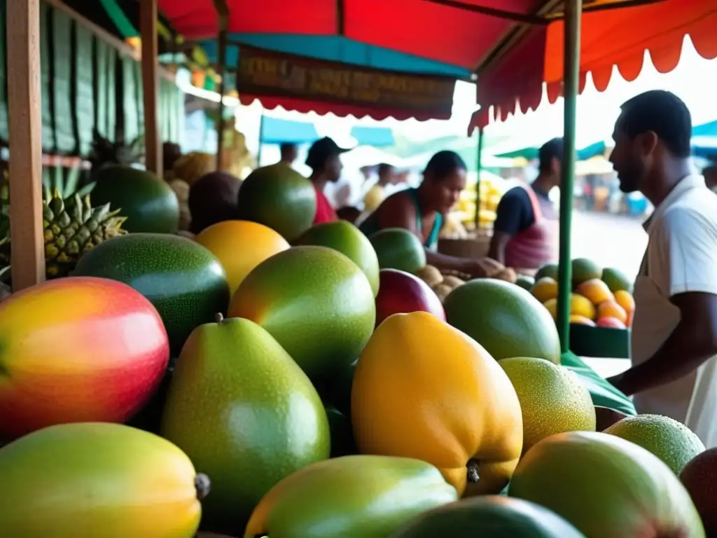 Un mercado caribeño tradicional rebosante de frutas y especias vibrantes