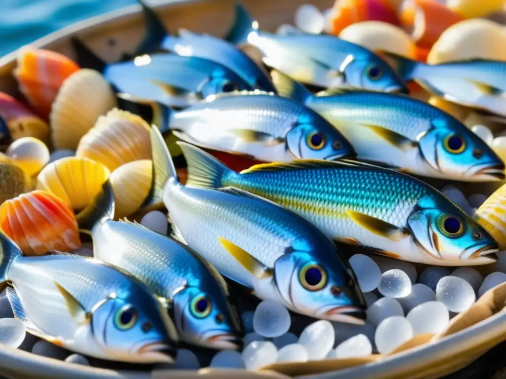 Un mercado costero medieval bullicioso con mariscos frescos