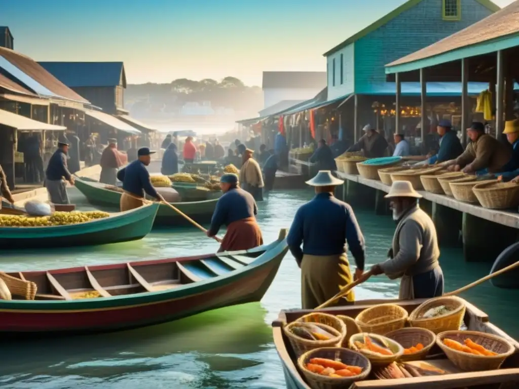 Un mercado costero del siglo XIX rebosante de pescadores descargando delicias marinas de barcos de madera al amanecer