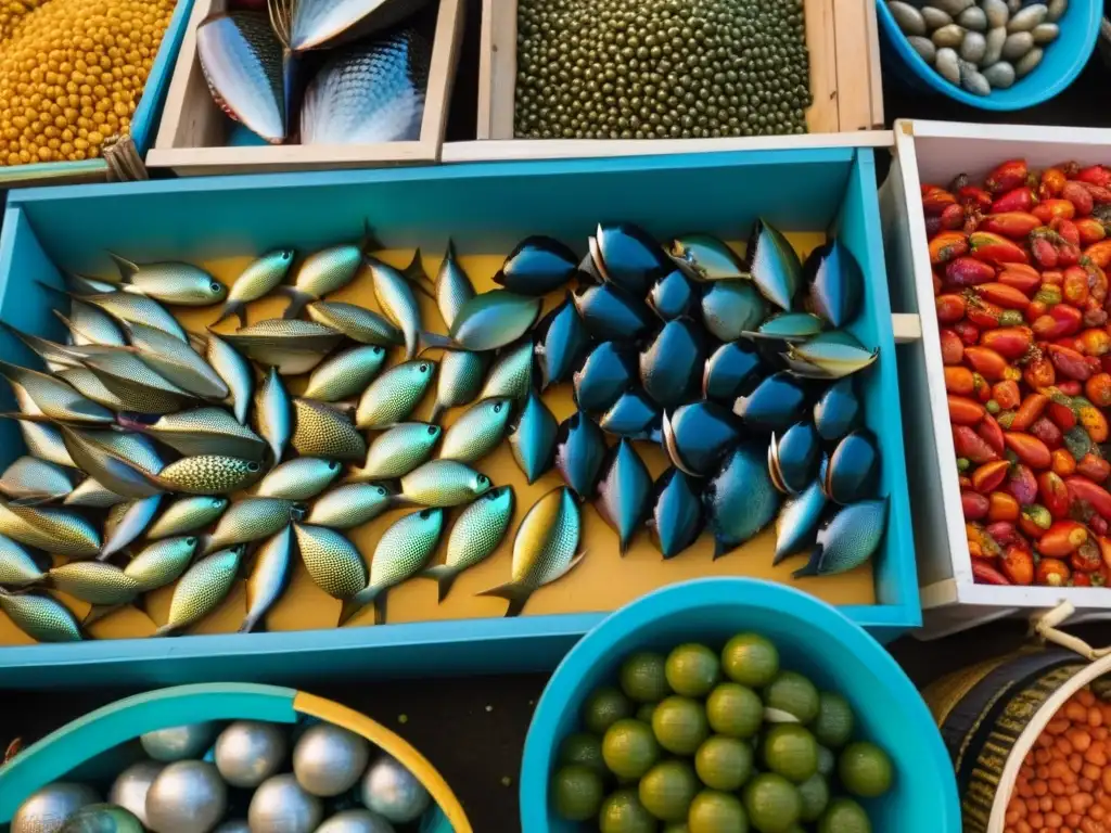 Frescura marina: mercado costero africano vibrante Un mercado costero africano vibrante, lleno de vida y colores con pescados y mariscos frescos