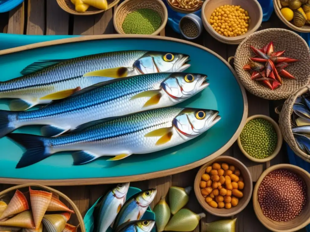 Mercado costero en África Occidental: pescado fresco y vida local Un mercado costero vibrante en África Occidental muestra pescados y mariscos frescos