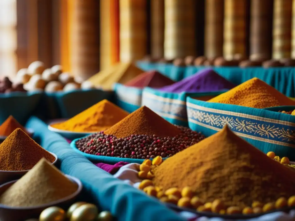 Un mercado de especias en la antigua Ruta de la Seda, con colores vibrantes y maridaje histórico alimentos cultura