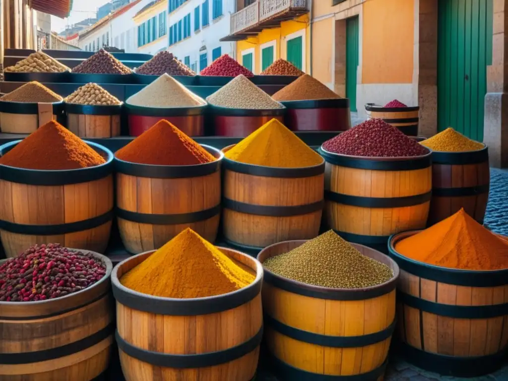 Un mercado de especias en las calles de Lisboa durante la Era de los Descubrimientos, mostrando la fusión de sabores exóticos